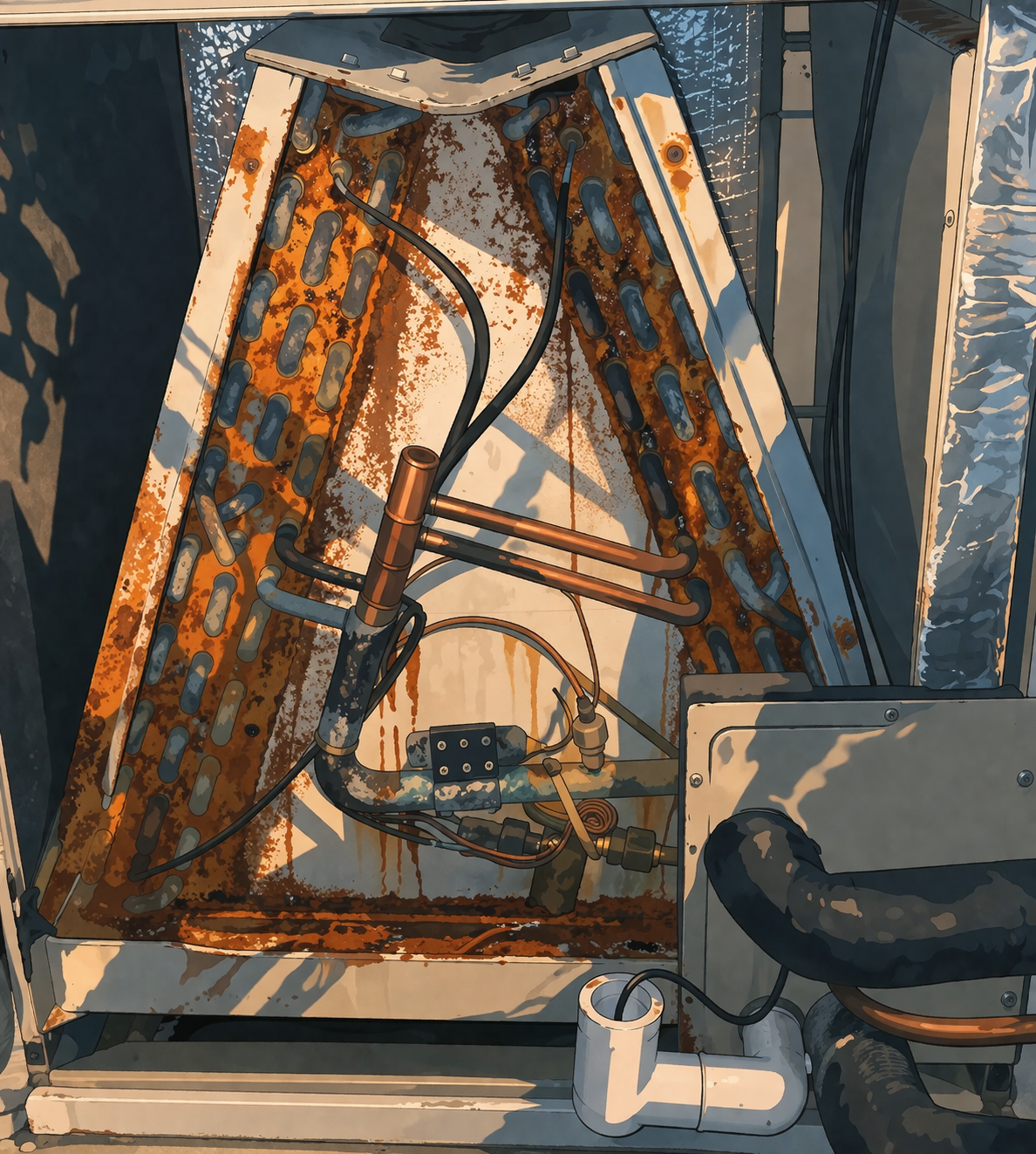 Illustration of galvanic corrosion risk on mixed-metal HVAC coil surfaces